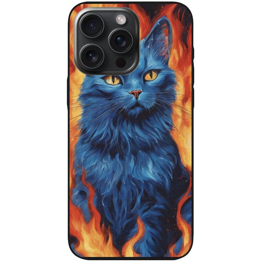 Handyhülle iPhone 15 Pro Max- Silikonhülle schwarz mit Motiv 7 blaue Katze in Flammen - personalisierbar