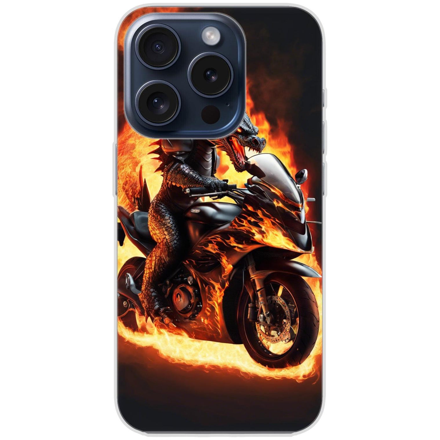 Handyhülle iPhone 15 Pro aus transparentem Silikon mit Motiv 24 Drache auf Motorrad - personalisierbar