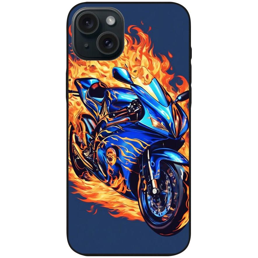 Handyhülle iPhone 15 Plus - Silikonhülle schwarz mit Motiv 2 Motorrad in Flammen - personalisierbar