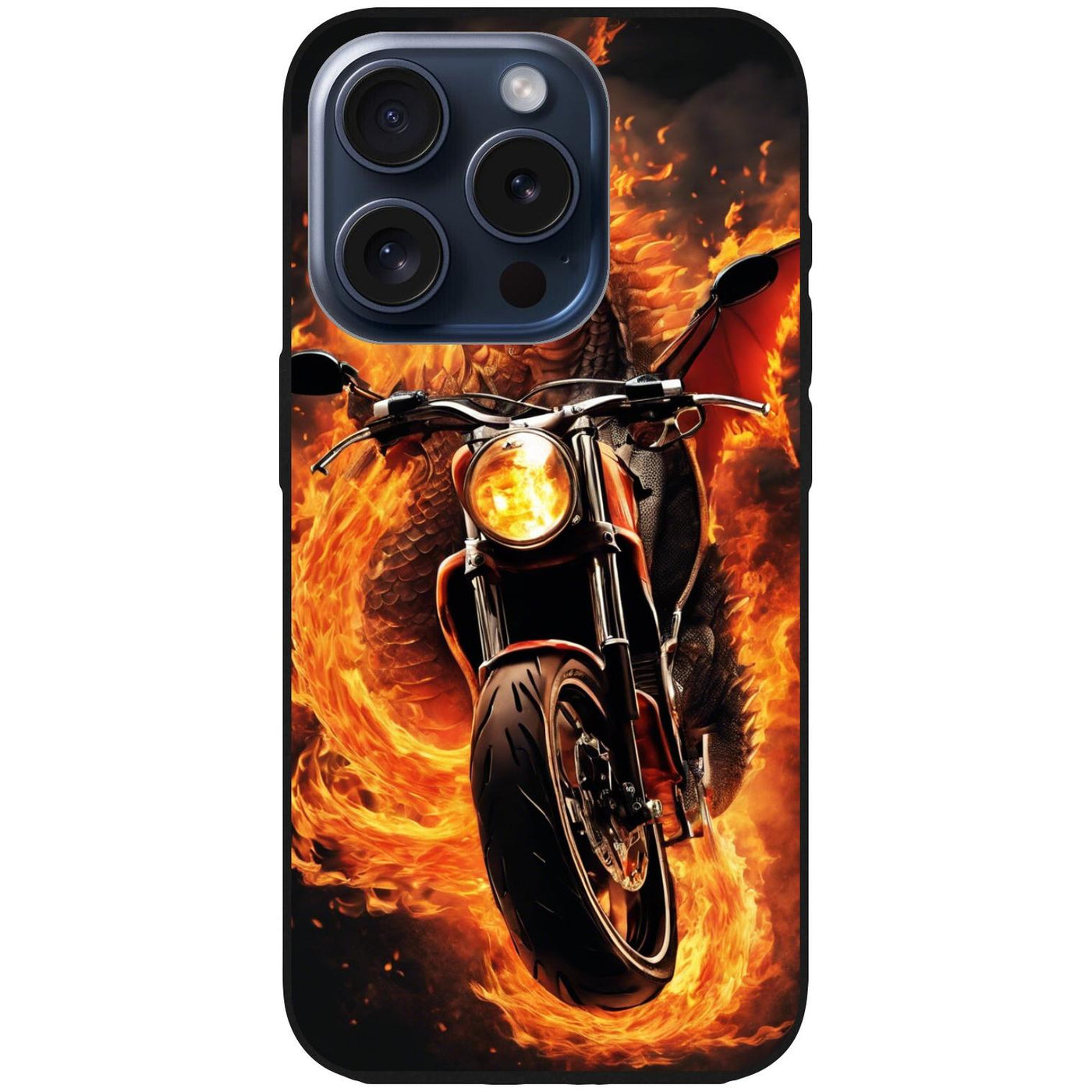 Handyhülle iPhone 15 Pro - Silikonhülle schwarz mit Motiv 33 Feuerdrache auf Motorrad - personalisierbar