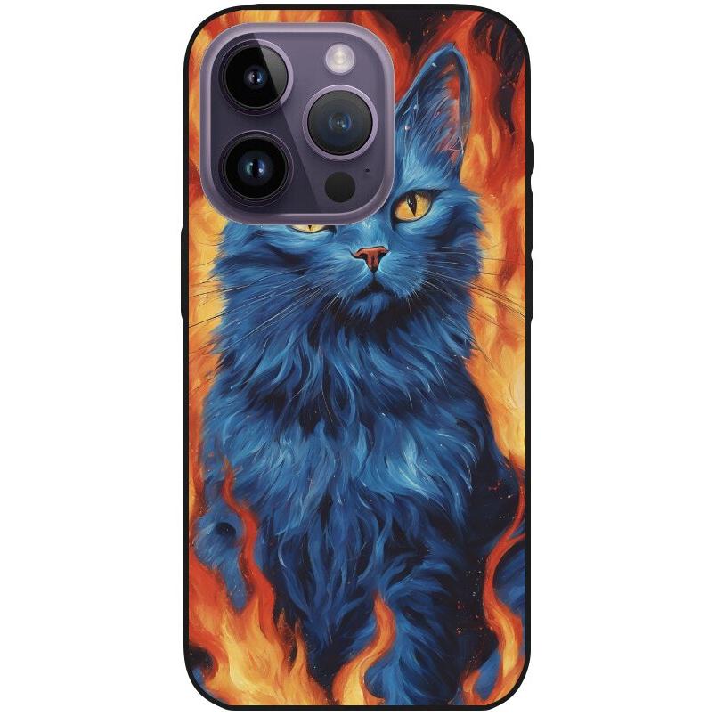 Hülle iPhone 14 Pro - Silikonhülle schwarz mit Motiv 7 blaue Katze in Flammen - personalisierbar