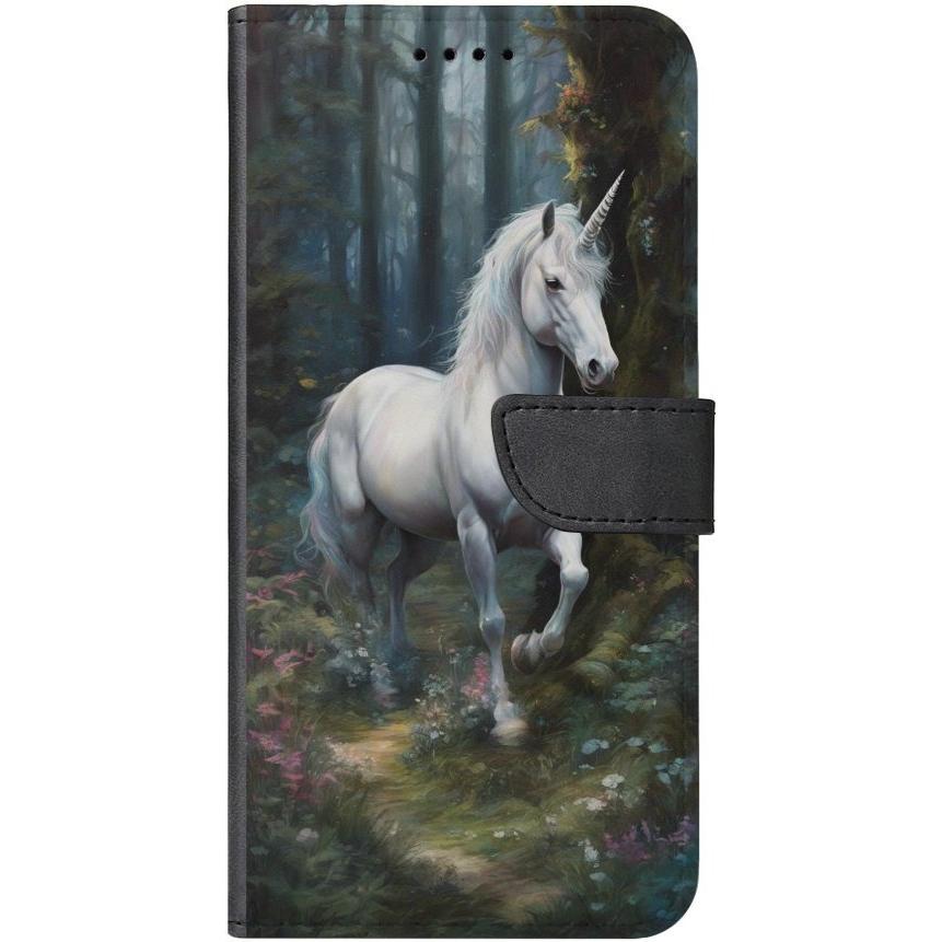 iPhone 14 Pro Handyhülle aus Kunstleder mit Lasche Motiv 44 Einhorn weiß - personalisierbar