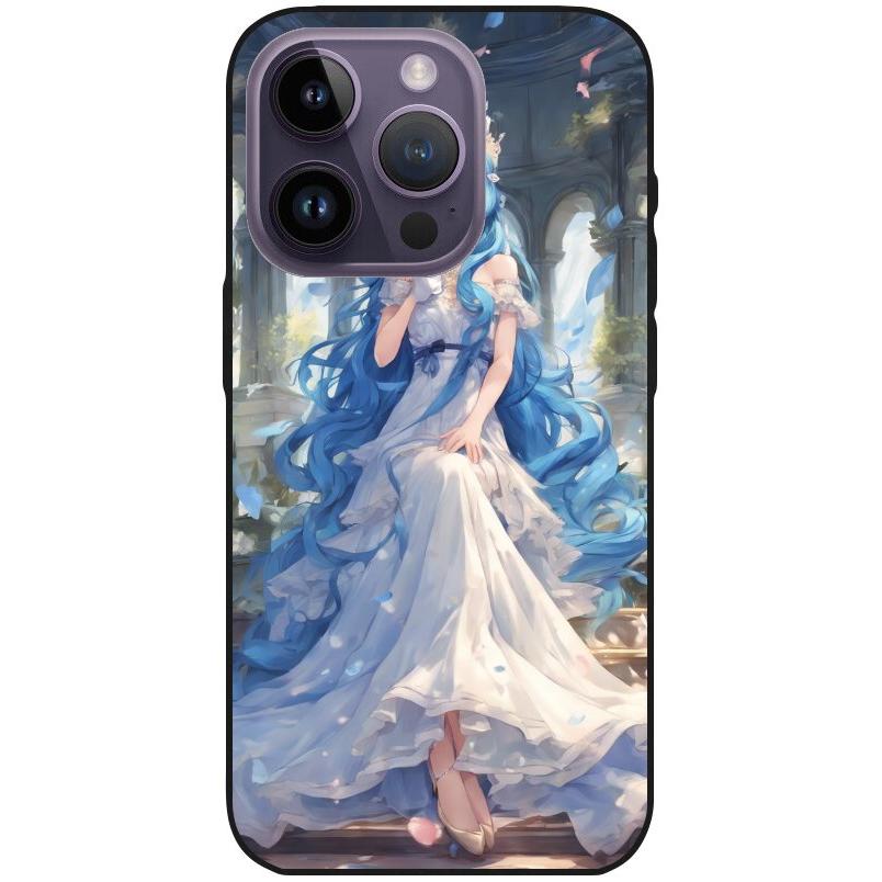 Hülle iPhone 14 Pro - Silikonhülle schwarz mit Motiv 34 Anime blaue lange Haare - personalisierbar