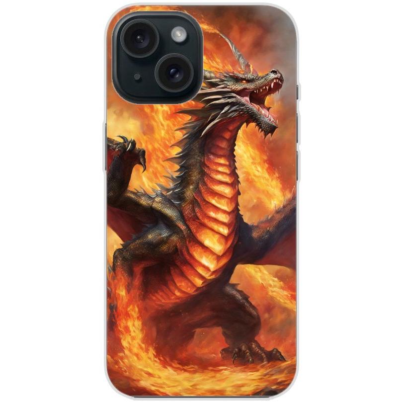 Handyhülle iPhone 15 aus transparentem Silikon mit Motiv 12 Drache in Flammen - personalisierbar