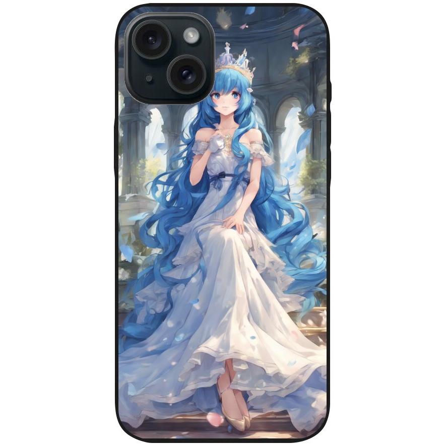 Handyhülle iPhone 15 Plus - Silikonhülle schwarz mit Motiv 34 Anime blaue lange Haare - personalisierbar