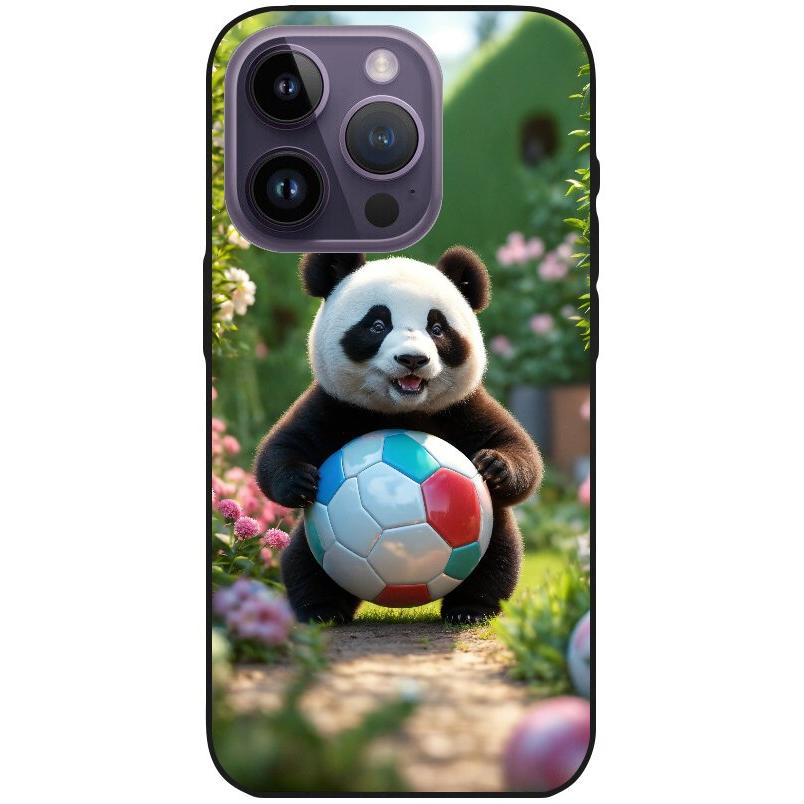 Hülle iPhone 14 Pro - Silikonhülle schwarz mit Motiv 49 Panda animiert mit Bällen - personalisierbar