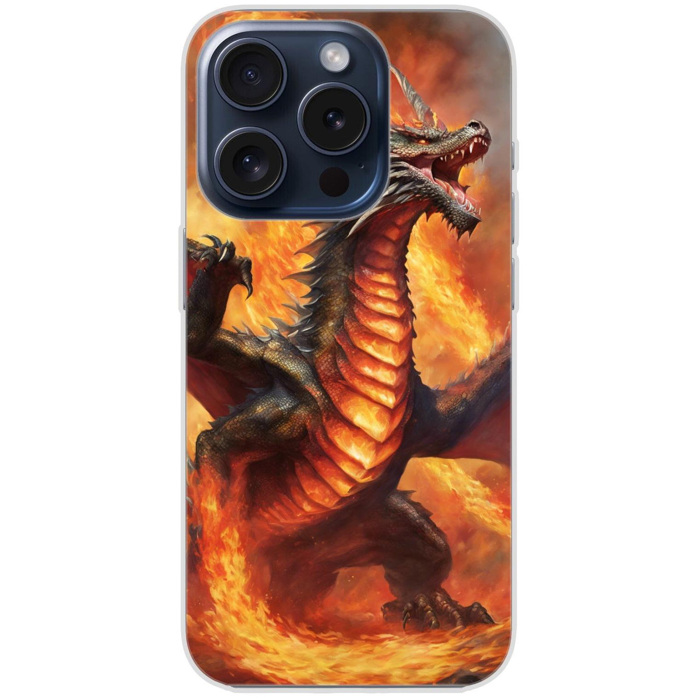 Handyhülle iPhone 15 Pro aus transparentem Silikon mit Motiv 12 Drache in Flammen - personalisierbar