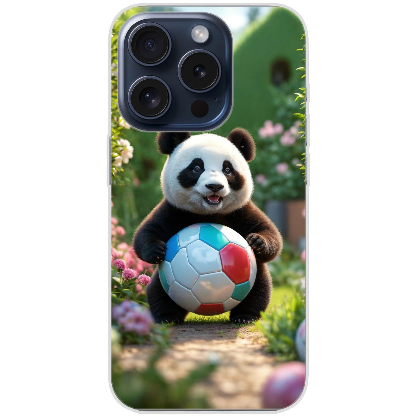 Handyhülle iPhone 15 Pro aus transparentem Silikon mit Motiv 49 Panda animiert mit Bällen - personalisierbar