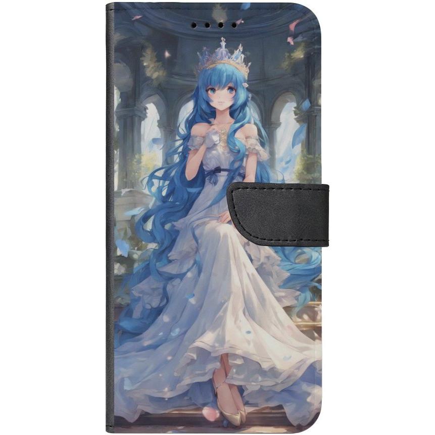 iPhone 15 Pro Handyhülle aus Kunstleder mit Lasche Motiv 34 Anime blaue lange Haare - personalisierbar