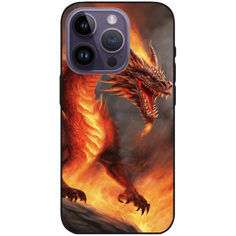 Hülle iPhone 14 Pro - Silikonhülle schwarz mit Motiv 5 Drache in Flammen - personalisierbar