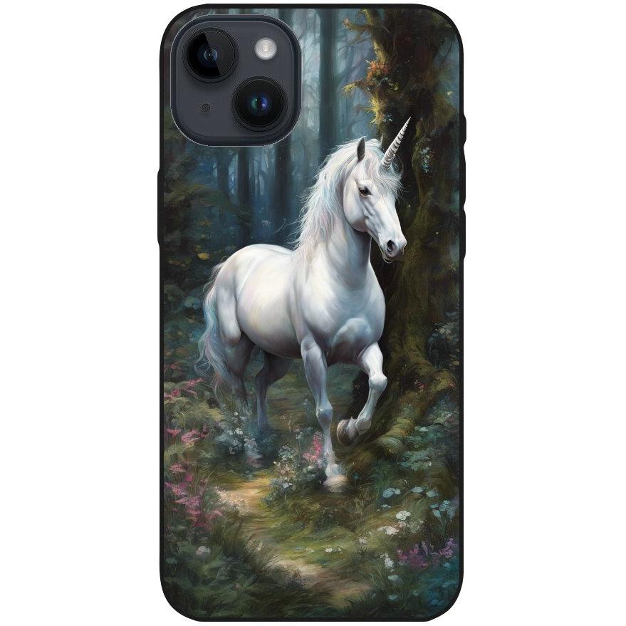 Hülle iPhone 14 Plus - Silikonhülle schwarz mit Motiv 44 Einhorn weiß - personalisierbar