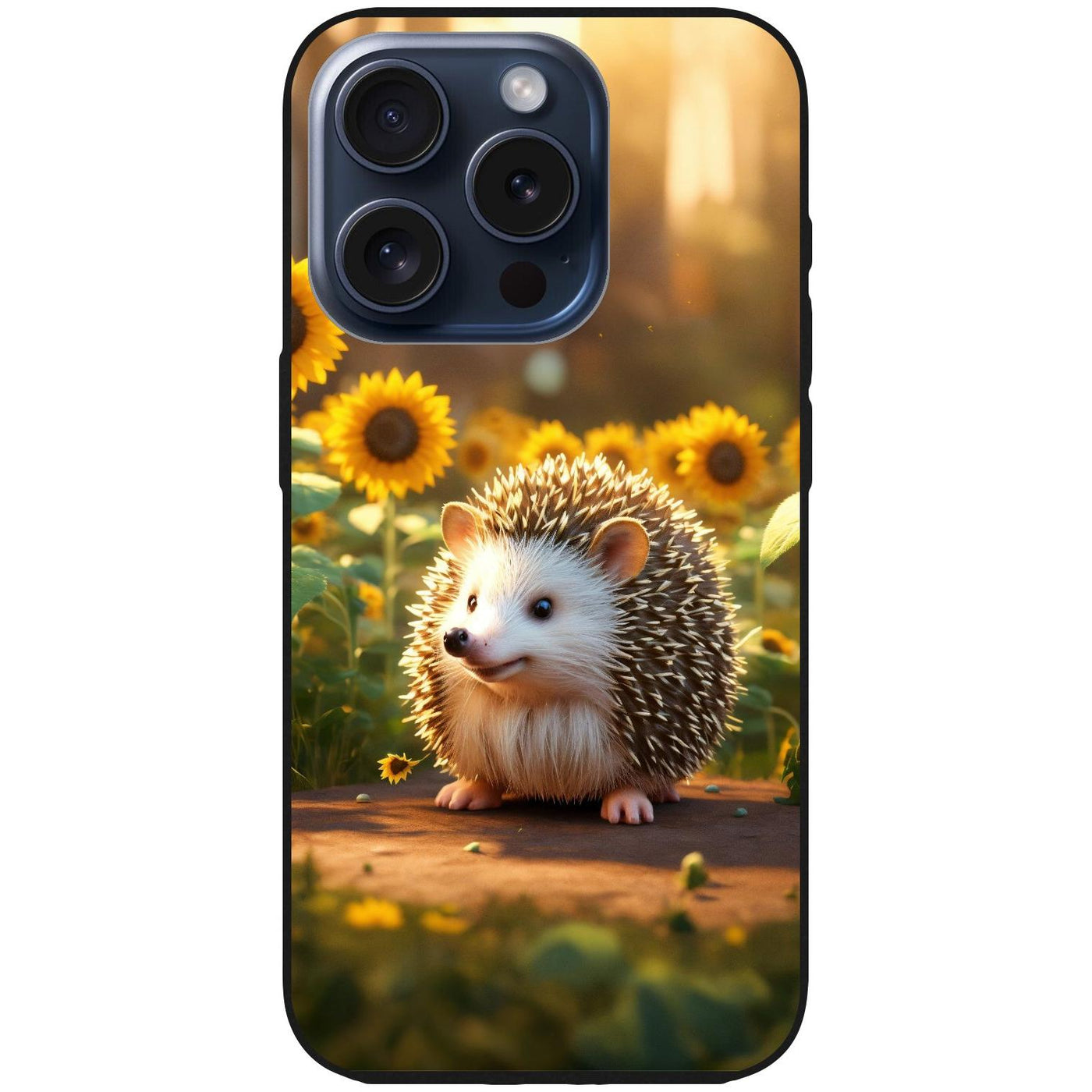 Handyhülle iPhone 15 Pro - Silikonhülle schwarz mit Motiv 20 süßer Igel Sonnenblumen - personalisierbar