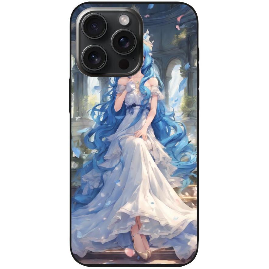 Handyhülle iPhone 15 Pro Max- Silikonhülle schwarz mit Motiv 34 Anime blaue lange Haare - personalisierbar