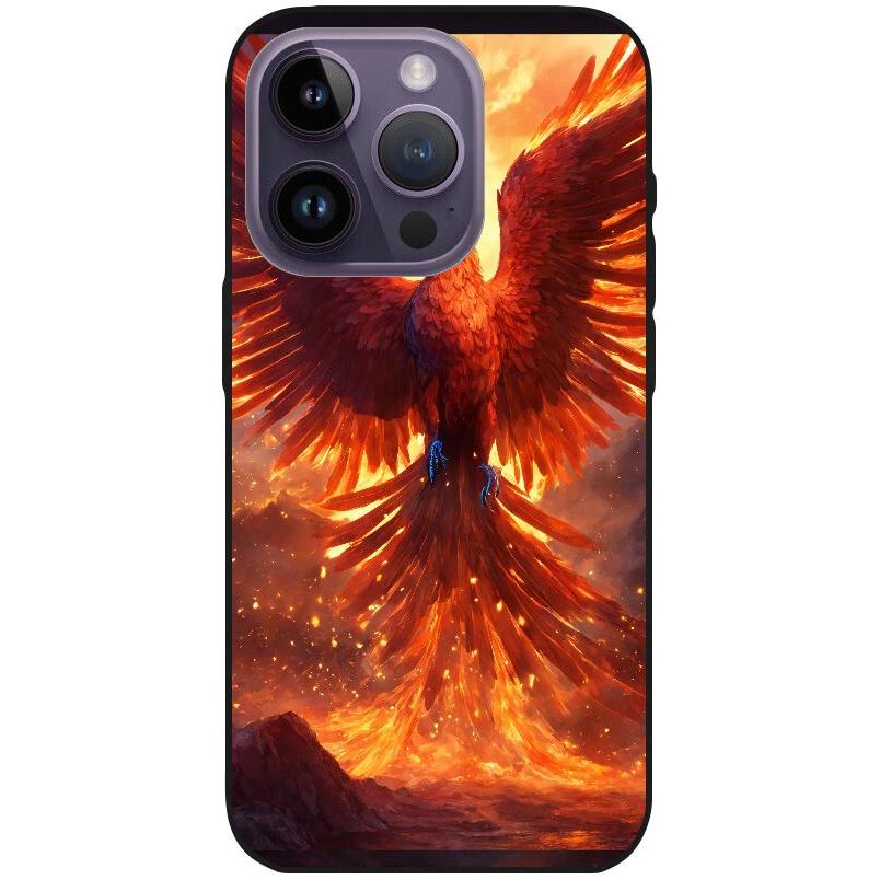 Hülle iPhone 14 Pro - Silikonhülle schwarz mit Motiv 42 Feuer Phönix - personalisierbar