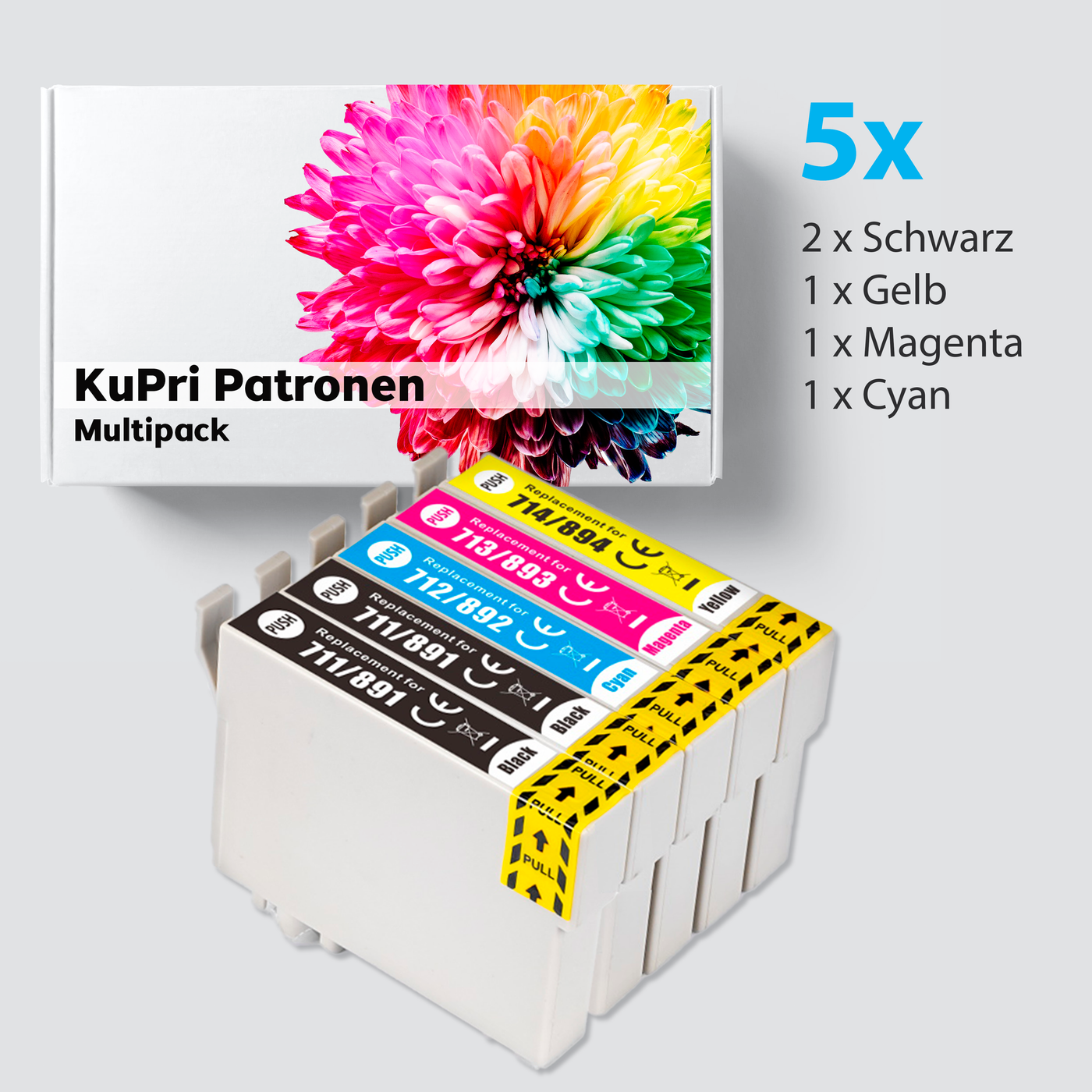 5er Set KuPri XXL Druckerpatronen für Epson Stylus DX9400F 2x BK je 1x C,M,Y T0711 - T0714