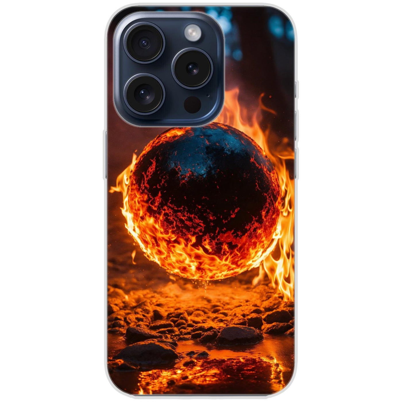 Handyhülle iPhone 15 Pro aus transparentem Silikon mit Motiv 25 Feuerball - personalisierbar