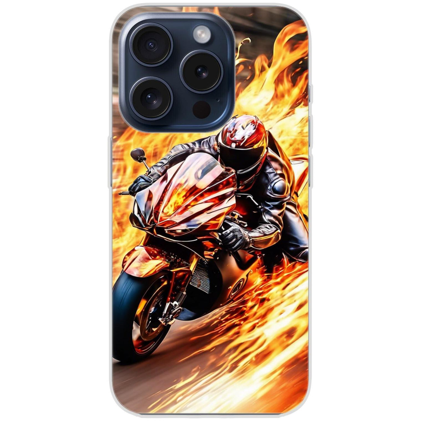 Handyhülle iPhone 15 Pro aus transparentem Silikon mit Motiv 14 Motorradfahrer in Flammen - personalisierbar