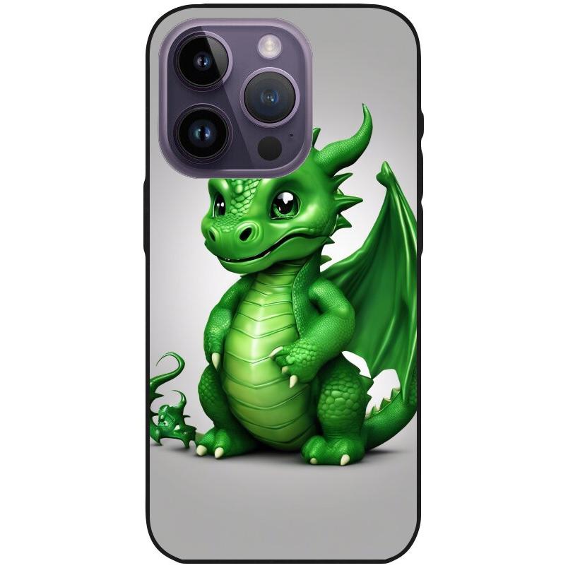 Hülle iPhone 14 Pro - Silikonhülle schwarz mit Motiv 3 grüner Baby Drache - personalisierbar