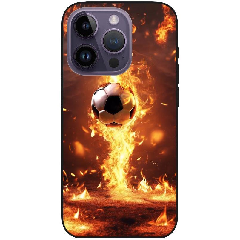 Hülle iPhone 14 Pro - Silikonhülle schwarz mit Motiv 37 Fußball in Feuer - personalisierbar