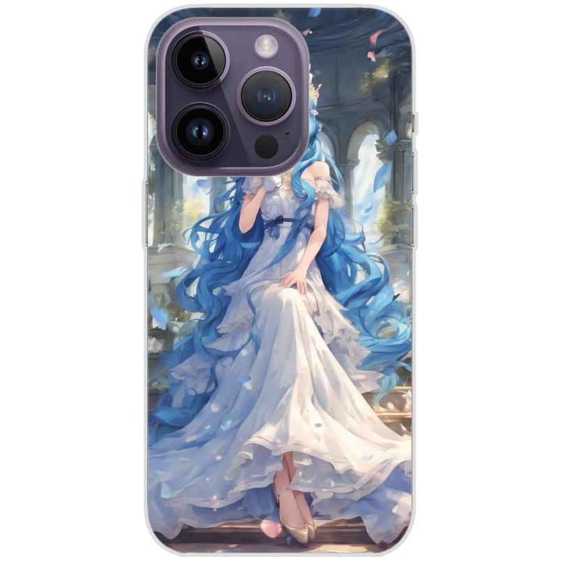 Handyhülle iPhone 14 Pro aus transparentem Silikon mit Motiv 34 Anime blaue lange Haare - personalisierbar