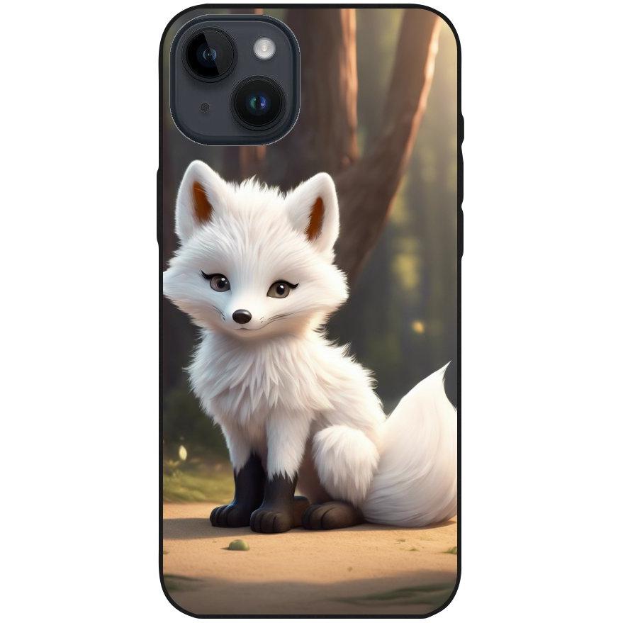 Hülle iPhone 14 Plus - Silikonhülle schwarz mit Motiv 16 weißer Fuchs animiert - personalisierbar