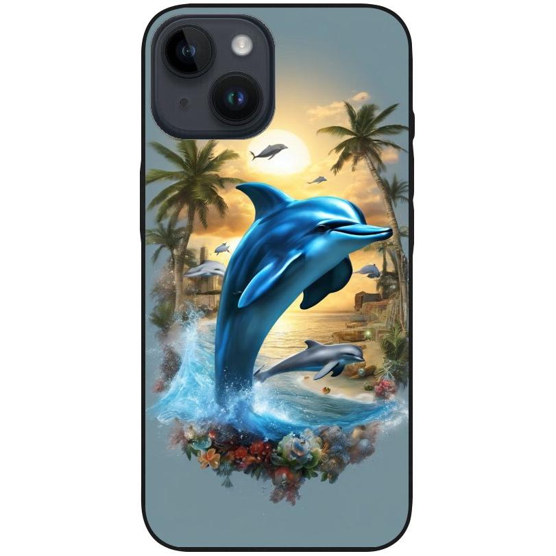 Hülle iPhone 14 - Silikonhülle schwarz mit Motiv 41 Delfin und Palmen - personalisierbar