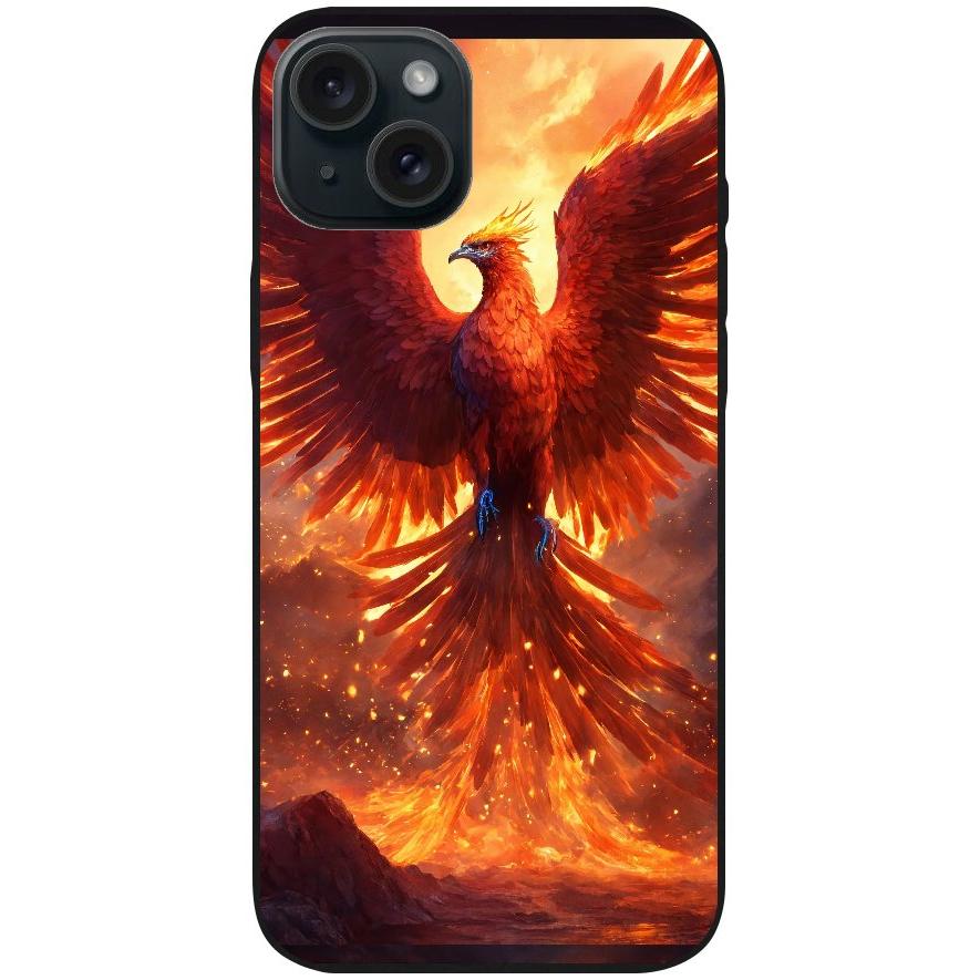 Handyhülle iPhone 15 Plus - Silikonhülle schwarz mit Motiv 42 Feuer Phönix - personalisierbar