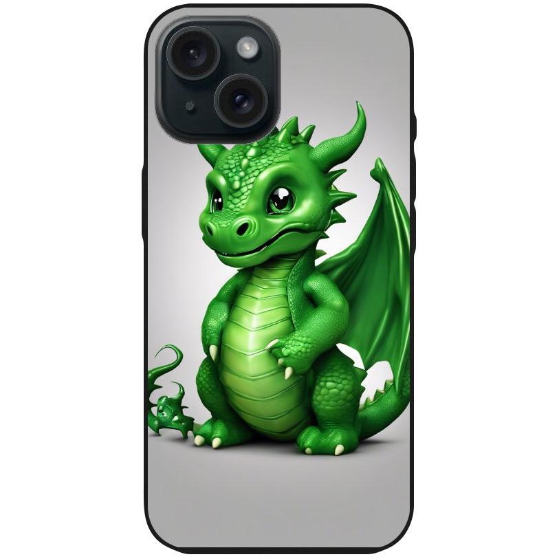 Handyhülle iPhone 15 - Silikonhülle schwarz mit Motiv 3 grüner Baby Drache - personalisierbar