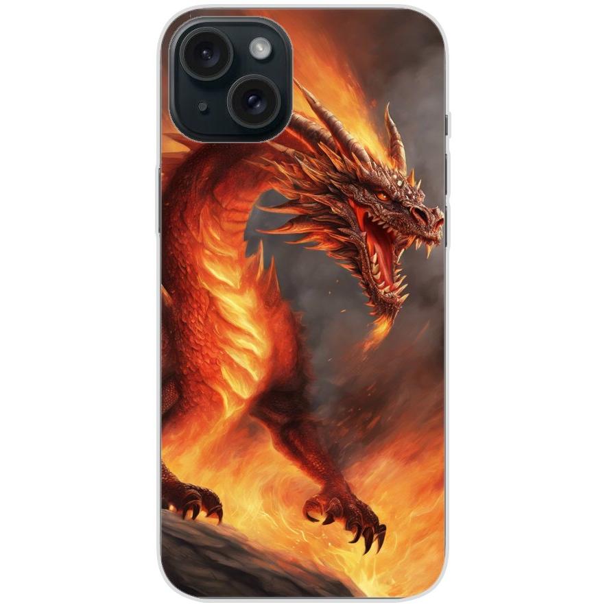 Handyhülle iPhone 15 Plus aus transparentem Silikon mit Motiv 5 Drache in Flammen - personalisierbar