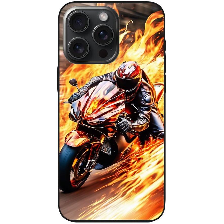 Handyhülle iPhone 15 Pro Max- Silikonhülle schwarz mit Motiv 14 Motorradfahrer in Flammen - personalisierbar