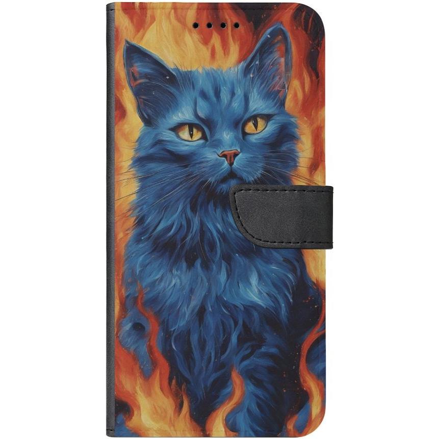 iPhone 14 Pro Handyhülle aus Kunstleder mit Lasche Motiv 7 blaue Katze in Flammen - personalisierbar