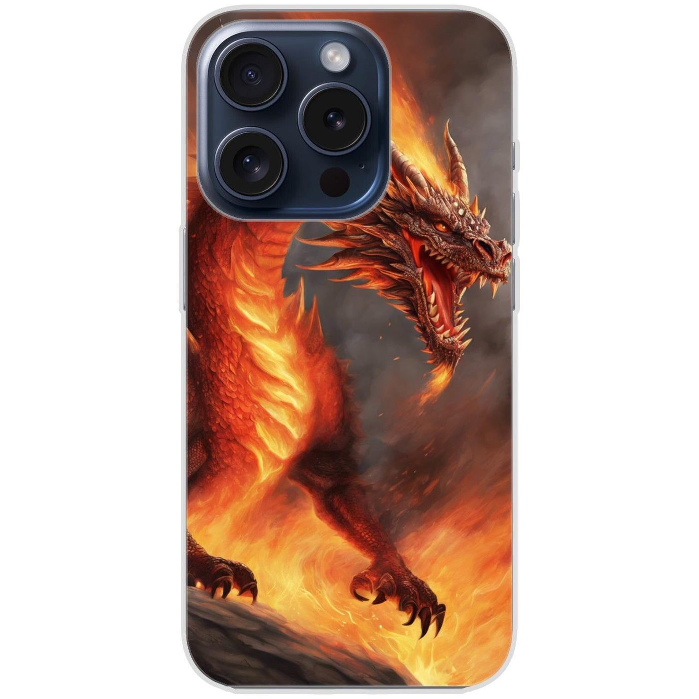 Handyhülle iPhone 15 Pro aus transparentem Silikon mit Motiv 5 Drache in Flammen - personalisierbar