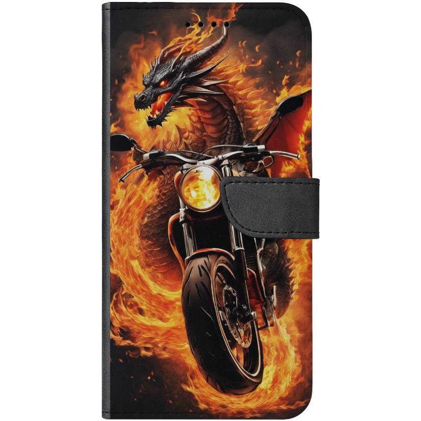 iPhone 14 Pro Handyhülle aus Kunstleder mit Lasche Motiv 33 Feuerdrache auf Motorrad - personalisierbar