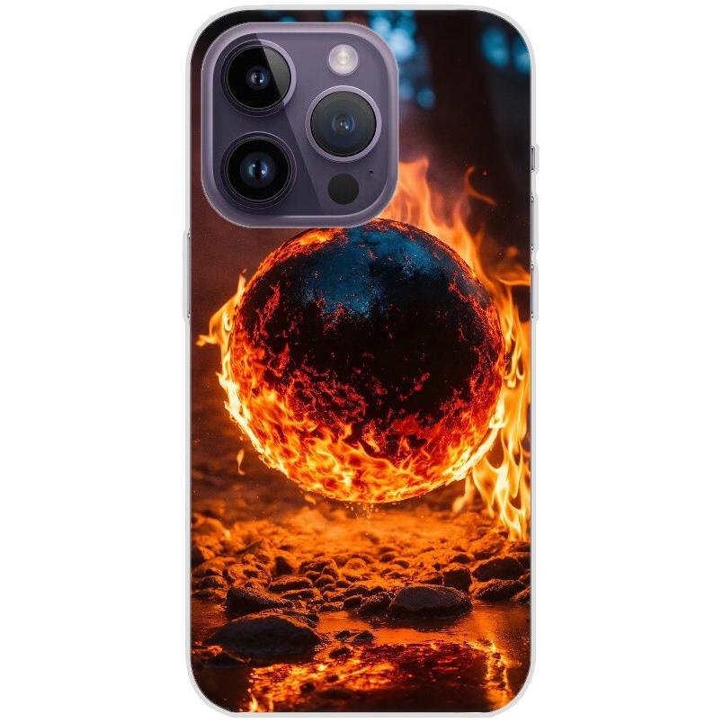 Handyhülle iPhone 14 Pro aus transparentem Silikon mit Motiv 25 Feuerball - personalisierbar