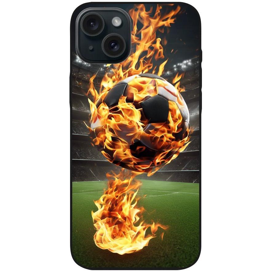 Handyhülle iPhone 15 Plus - Silikonhülle schwarz mit Motiv 38 Fußball in Flammen - personalisierbar