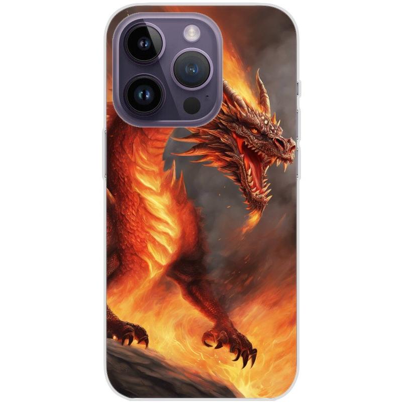 Handyhülle iPhone 14 Pro aus transparentem Silikon mit Motiv 5 Drache in Flammen - personalisierbar