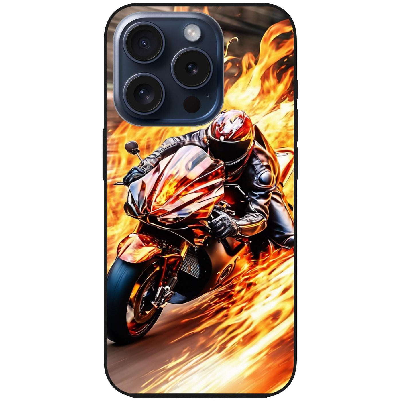 Handyhülle iPhone 15 Pro - Silikonhülle schwarz mit Motiv 14 Motorradfahrer in Flammen - personalisierbar