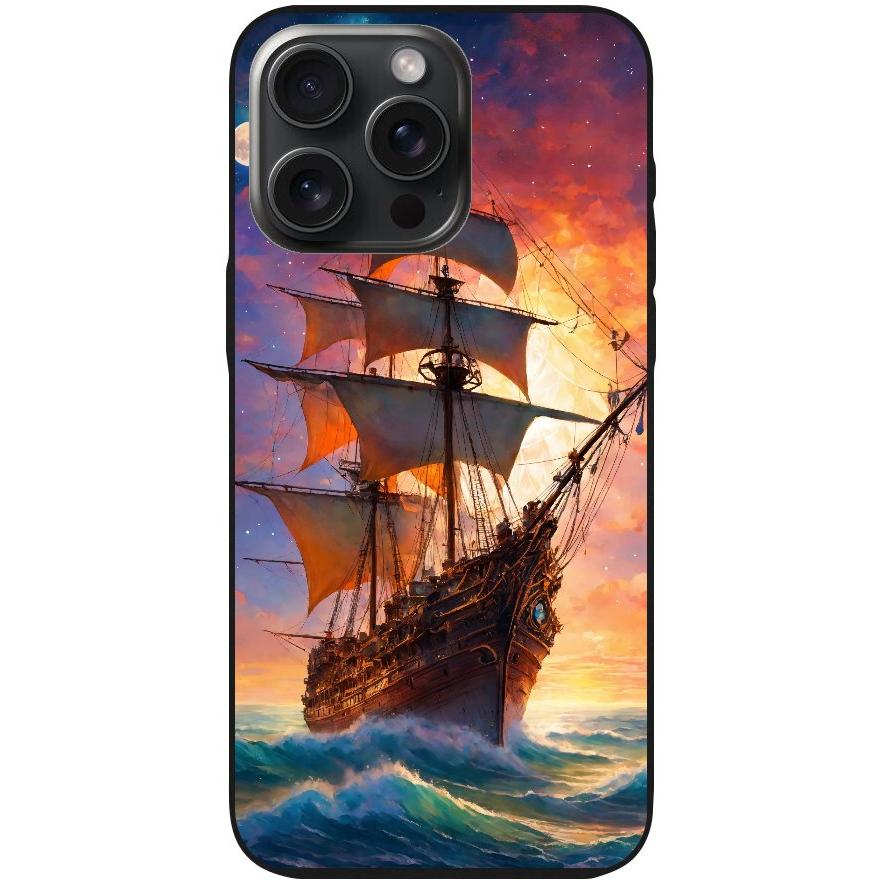 Handyhülle iPhone 15 Pro Max- Silikonhülle schwarz mit Motiv 43 Segelschiff - personalisierbar