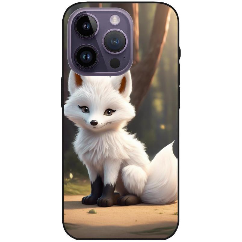 Hülle iPhone 14 Pro - Silikonhülle schwarz mit Motiv 16 weißer Fuchs animiert - personalisierbar