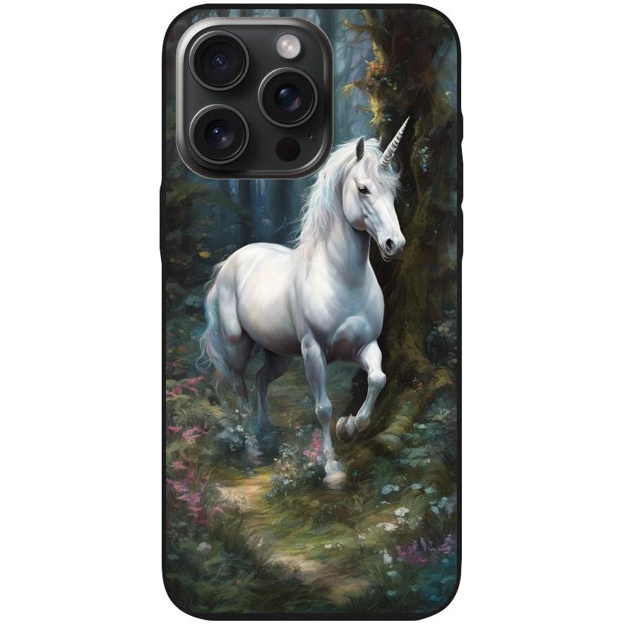 Handyhülle iPhone 15 Pro Max- Silikonhülle schwarz mit Motiv 44 Einhorn weiß - personalisierbar