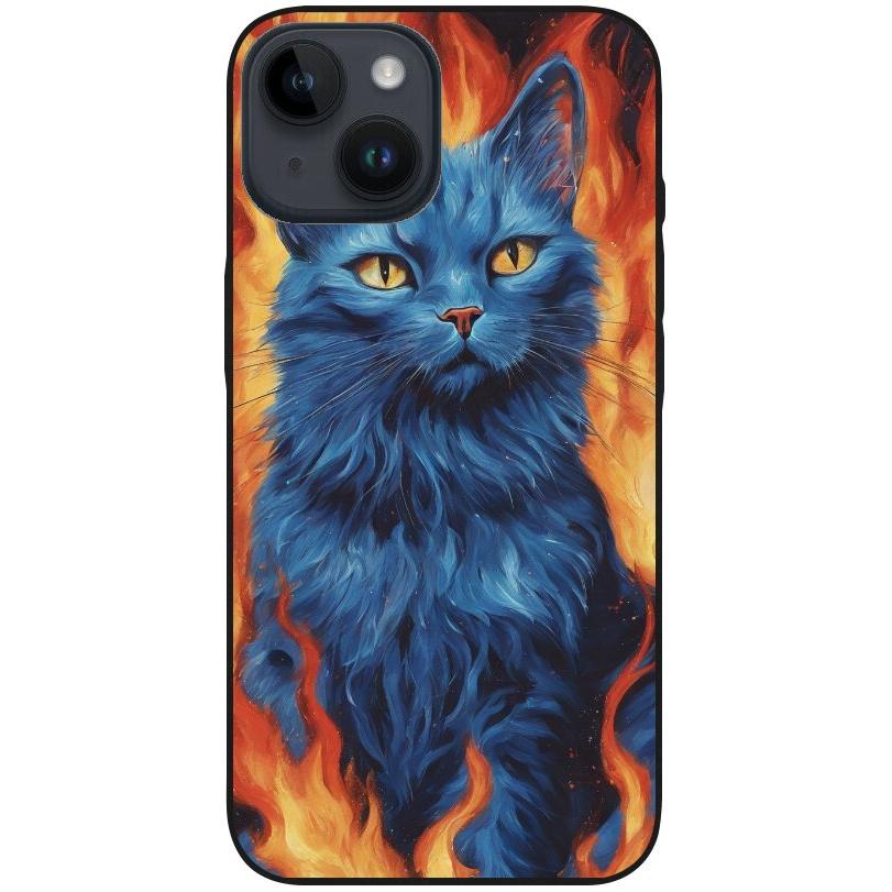 Hülle iPhone 14 - Silikonhülle schwarz mit Motiv 7 blaue Katze in Flammen - personalisierbar