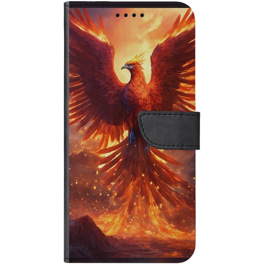 iPhone 15 Plus Handyhülle aus Kunstleder mit Lasche Motiv 42 Feuer Phönix - personalisierbar