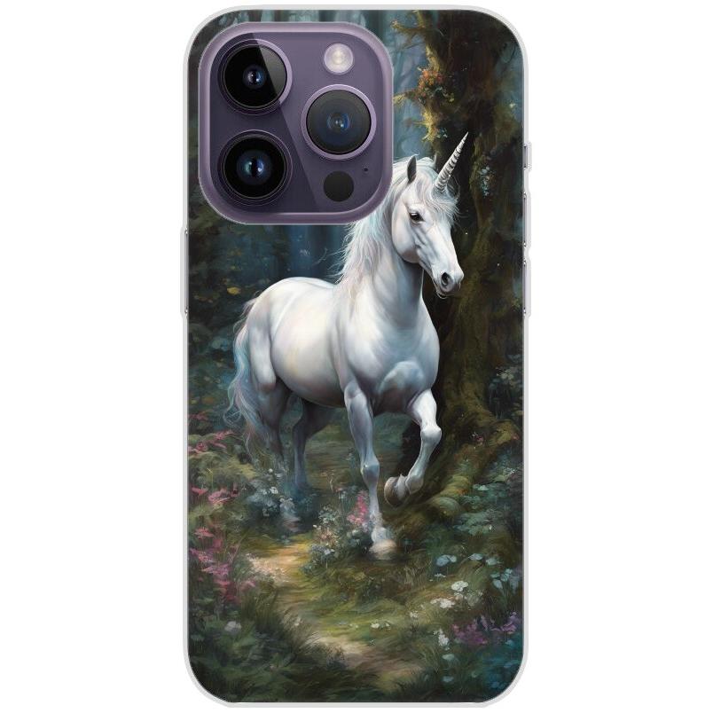 Handyhülle iPhone 14 Pro aus transparentem Silikon mit Motiv 44 Einhorn weiß - personalisierbar