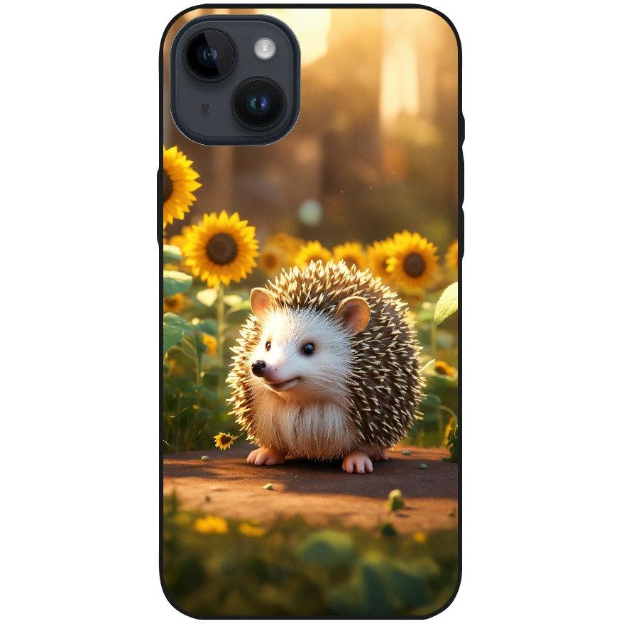 Hülle iPhone 14 Plus - Silikonhülle schwarz mit Motiv 20 süßer Igel Sonnenblumen - personalisierbar