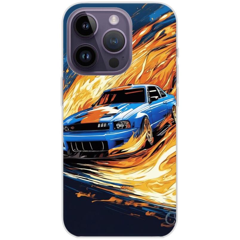 Handyhülle iPhone 14 Pro aus transparentem Silikon mit Motiv 15 blaues Auto in Flammen - personalisierbar