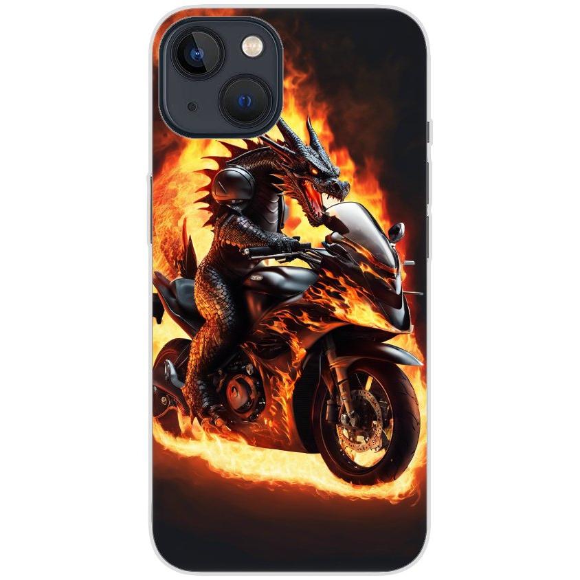 Handyhülle iPhone 13 aus transparentem Silikon mit Motiv 24 Drache auf Motorrad - personalisierbar