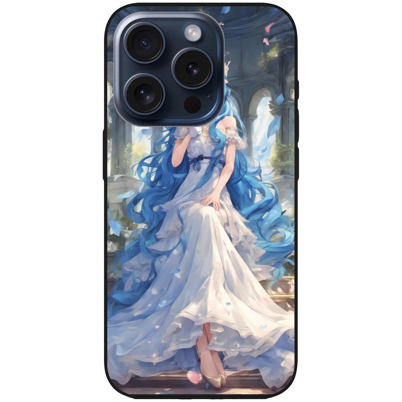 Handyhülle iPhone 15 Pro - Silikonhülle schwarz mit Motiv 34 Anime blaue lange Haare - personalisierbar