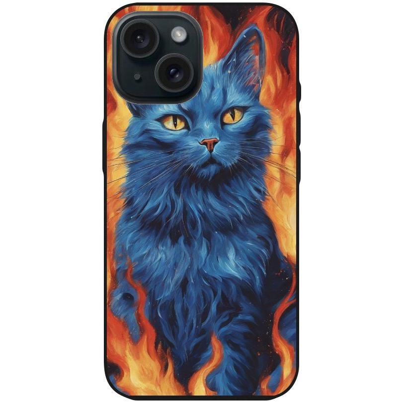 Handyhülle iPhone 15 - Silikonhülle schwarz mit Motiv 7 blaue Katze in Flammen - personalisierbar