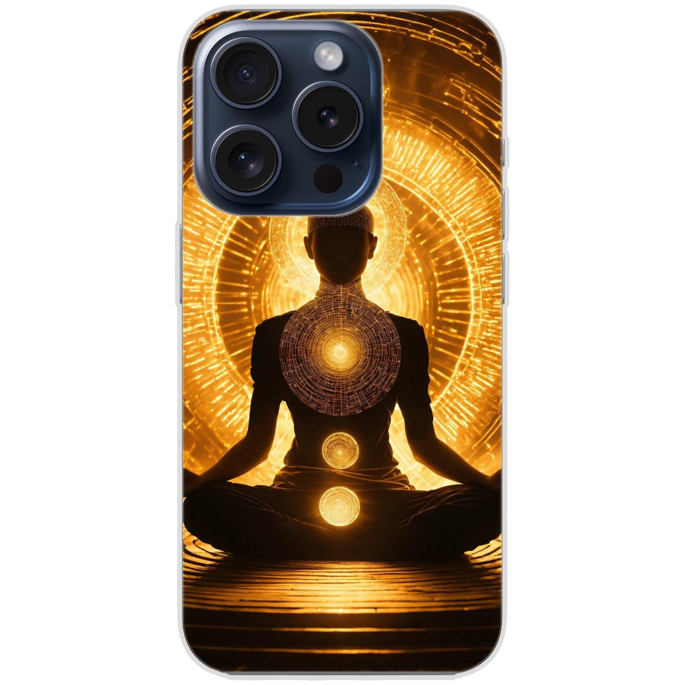 Handyhülle iPhone 15 Pro aus transparentem Silikon mit Motiv 32 Meditation - personalisierbar