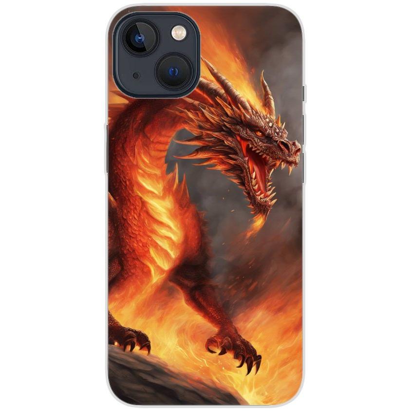 Handyhülle iPhone 13 aus transparentem Silikon mit Motiv 5 Drache in Flammen - personalisierbar